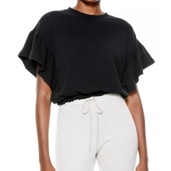 Alice and Olivia Joline Ruffle Flutter Sleeve Cropped Sweatshirt Top XS Black L2 - Picture 1 of 8